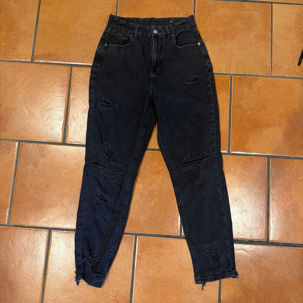 American Eagle Ripped Mom Jeans, distressed black wash, size 2